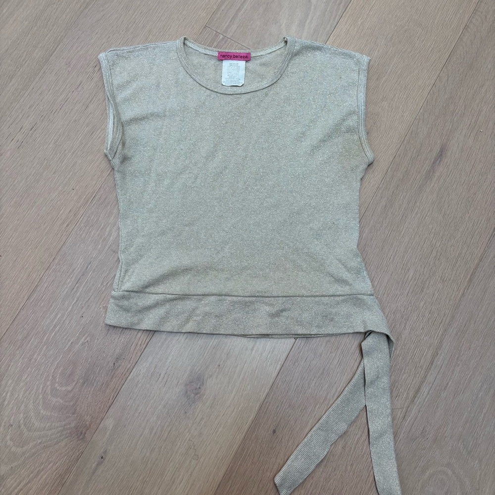 Y2K Nancy Belleza gold knit top.